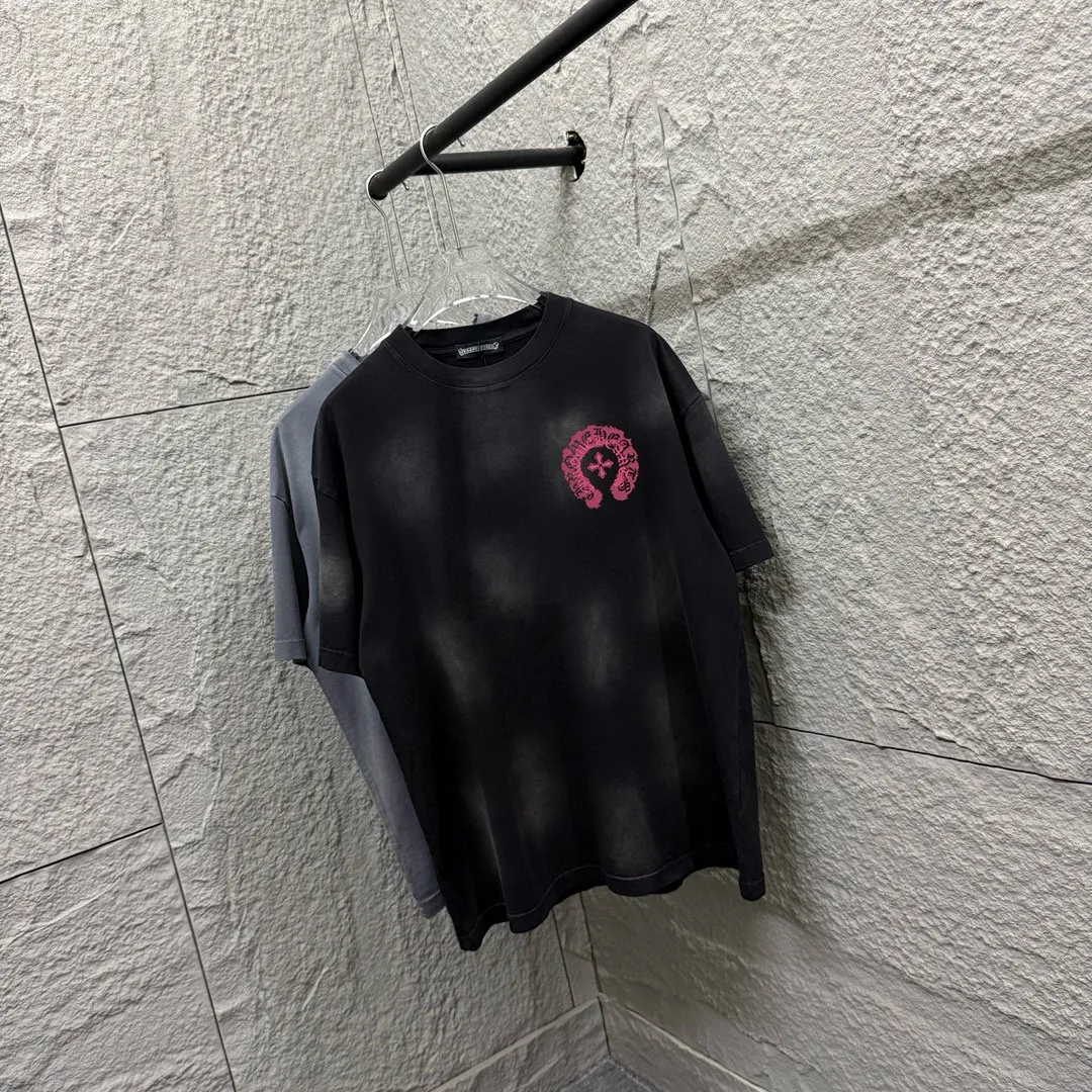 🅿️190 CH Crow Heart 2025 Summer New Style Heavy pickling with gradient distressing Chest logo Horseshoe print Customized fabric Short-sleeved T-shirt Unisex Size: S M L